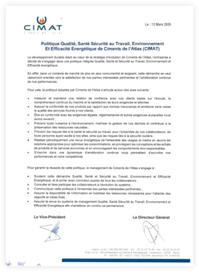 Ciments de l'Atlas Quality Health Occupational Safety, Environment and Energy Efficiency